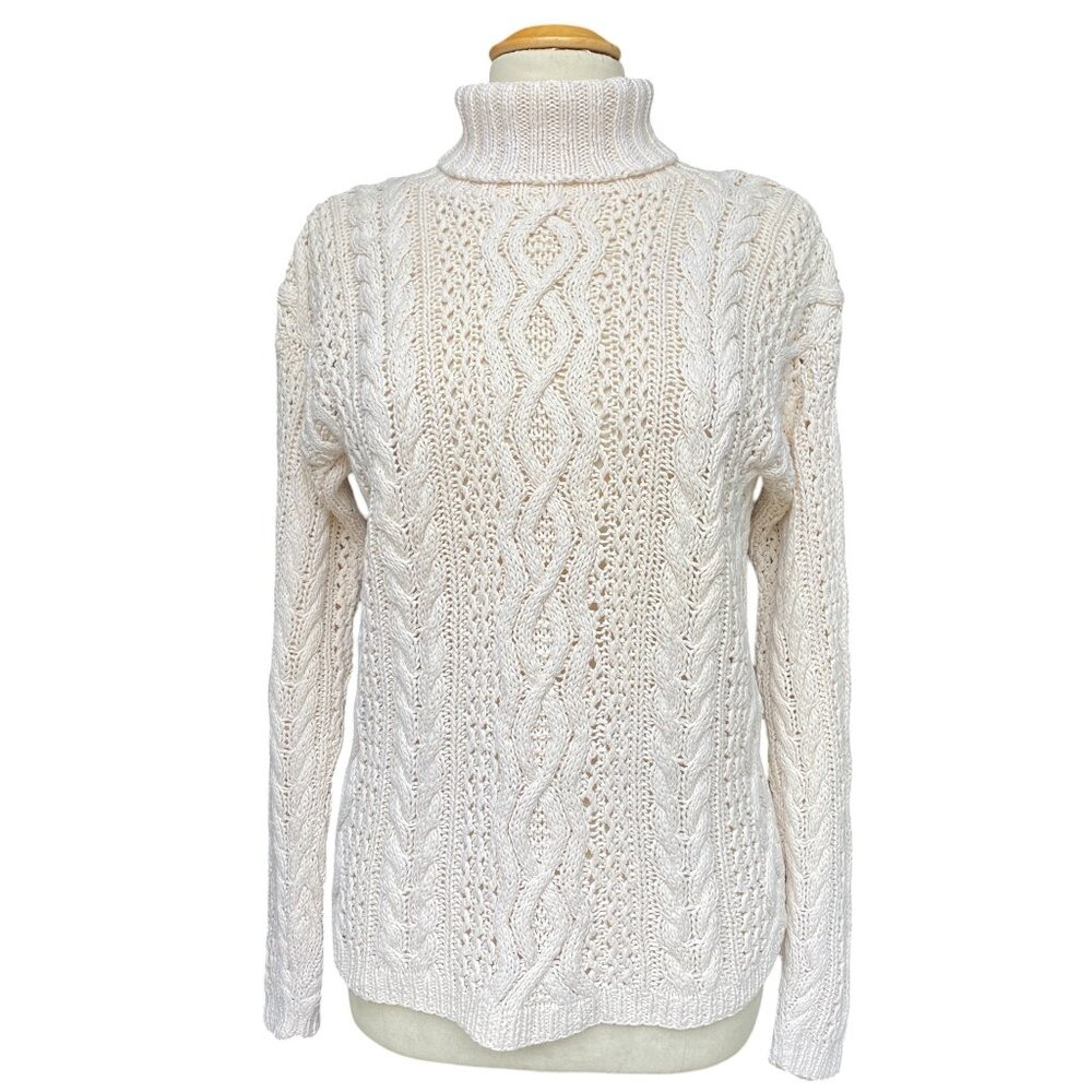 Vintage Yorkshire Knitting Co Cable Knit Fisherman Sweater Cream Turtleneck-S